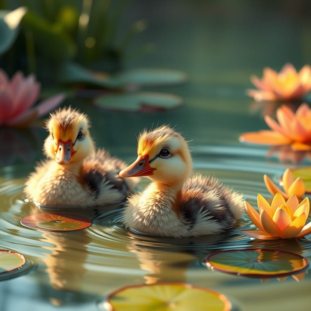 Cute Baby Ducks in a Serene Pond