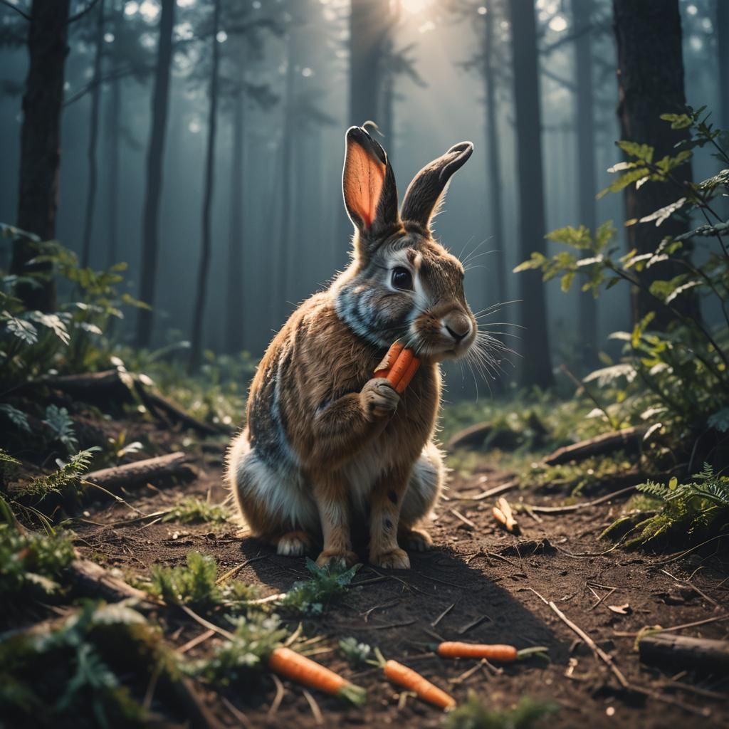 Bunny in Misty Forest: Cinematic Film Still