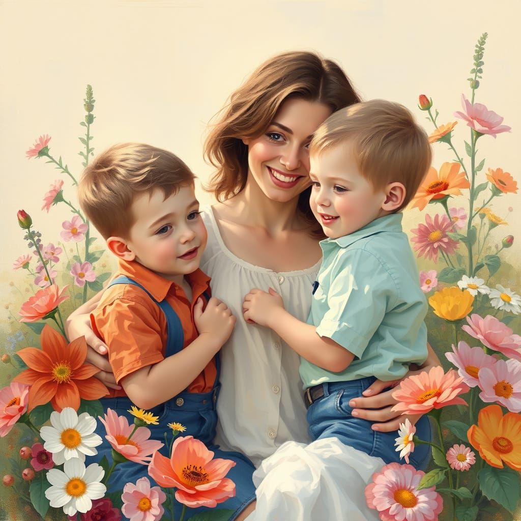 Mother and Sons in Impressionist Garden