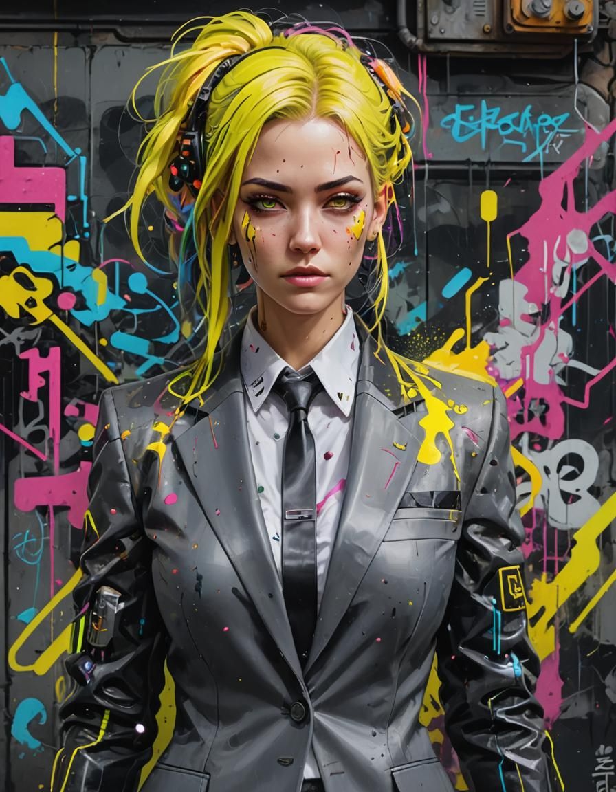 Cyberpunk Executive Woman with Neon Suit in Graffiti Art