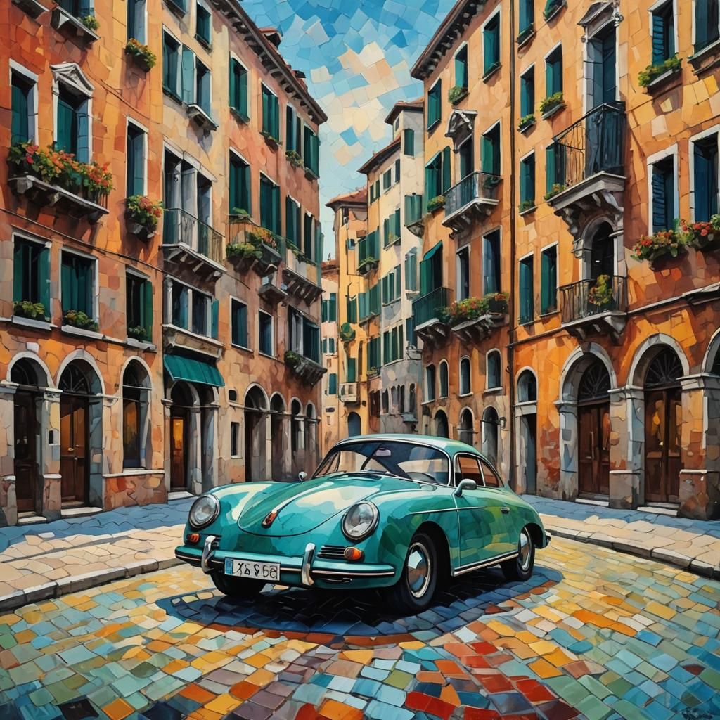 Porsche 356 Coupe in Venice: Neo-Impressionist Oil Painting