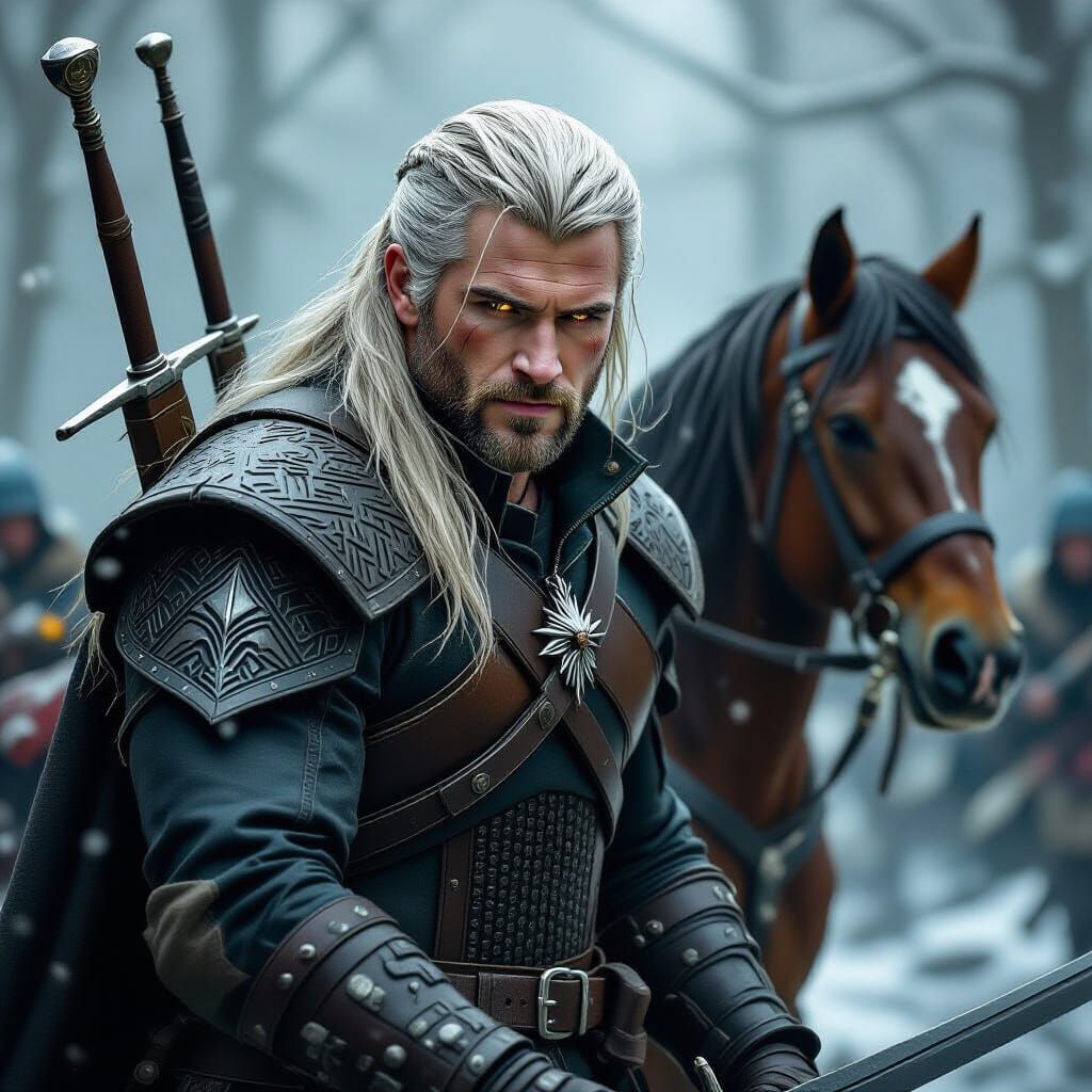 Geralt of Rivia and Roach in Dark Fantasy Style