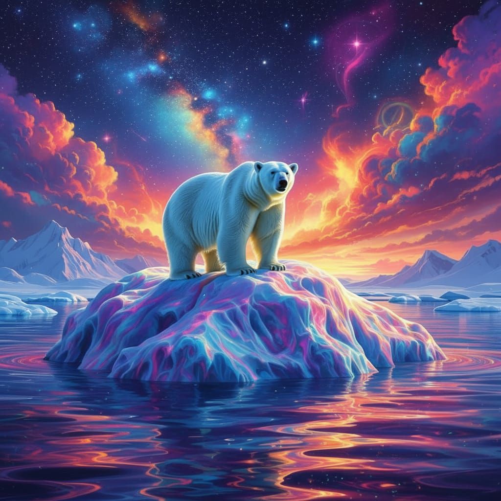 Polar Bear on Psychedelic Ice Burg Under Starry Sky