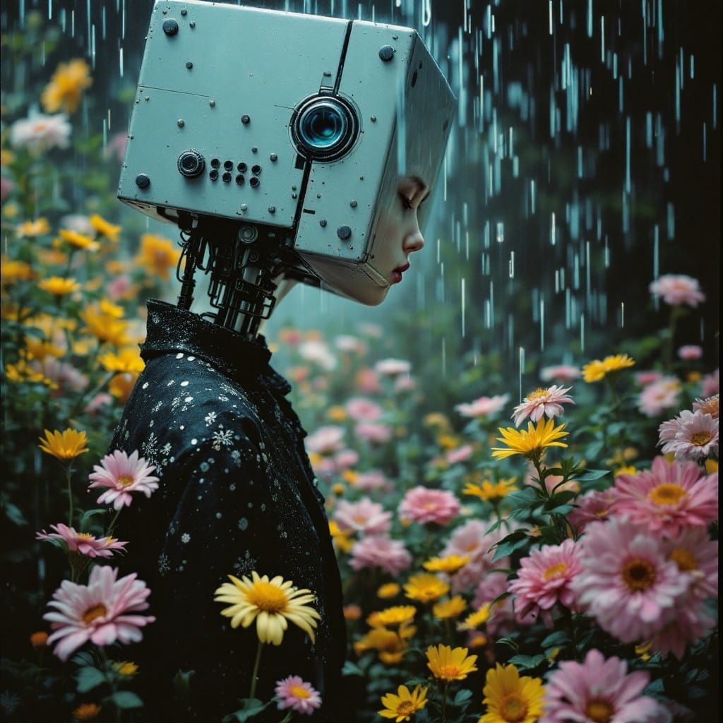 Girl with Robot Friend in Retro Garden