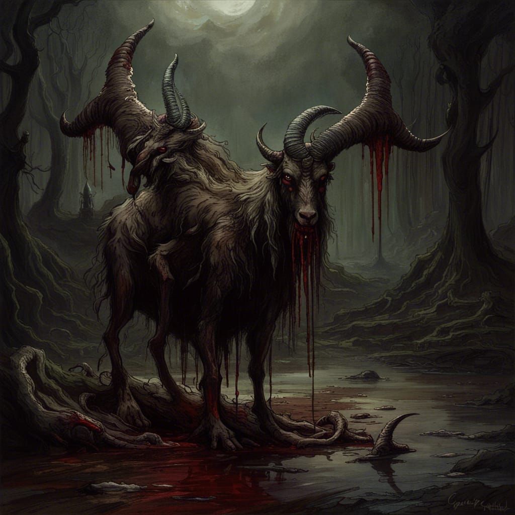 Dark Fantasy Horror: Monstrous Weregoat in Swamp