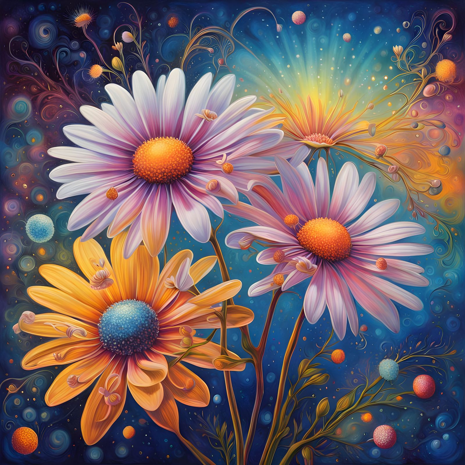 Whimsical Astral Daisies in a Cosmic Bloom