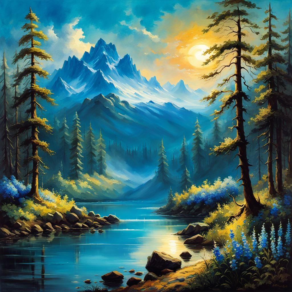 Blue Flowers in Forest Creek: Cinematic Masterpiece