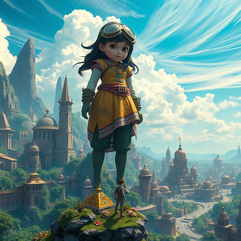 Giantess Explores Lilliputian Metropolis in Sci-Fi Landscape