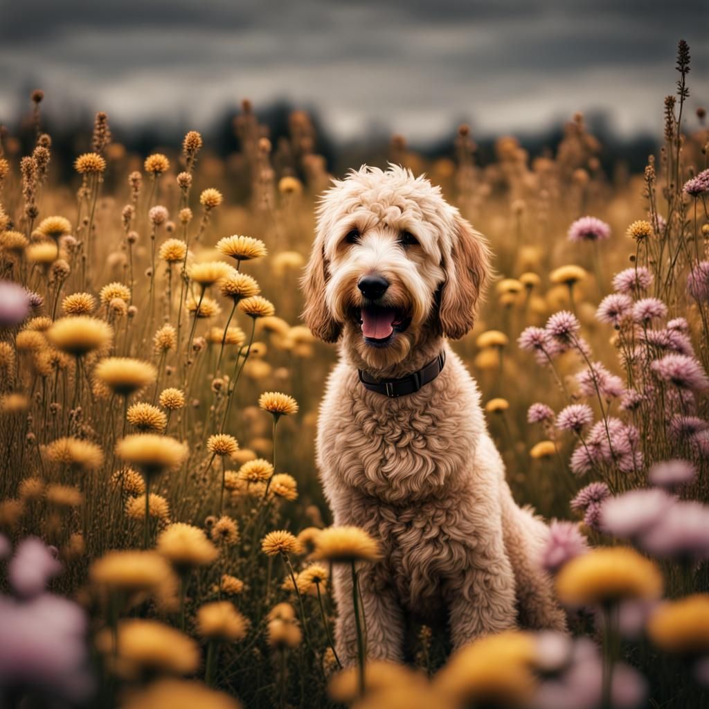 Hyperrealistic Goldendoodle in a Flower Field