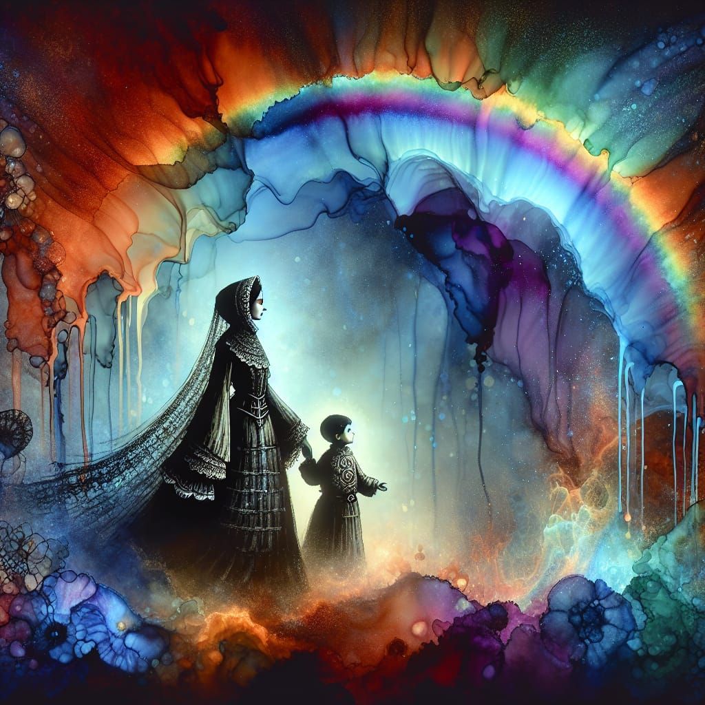 Gothic Mother and Child Under Rainbow in Alcohol Ink