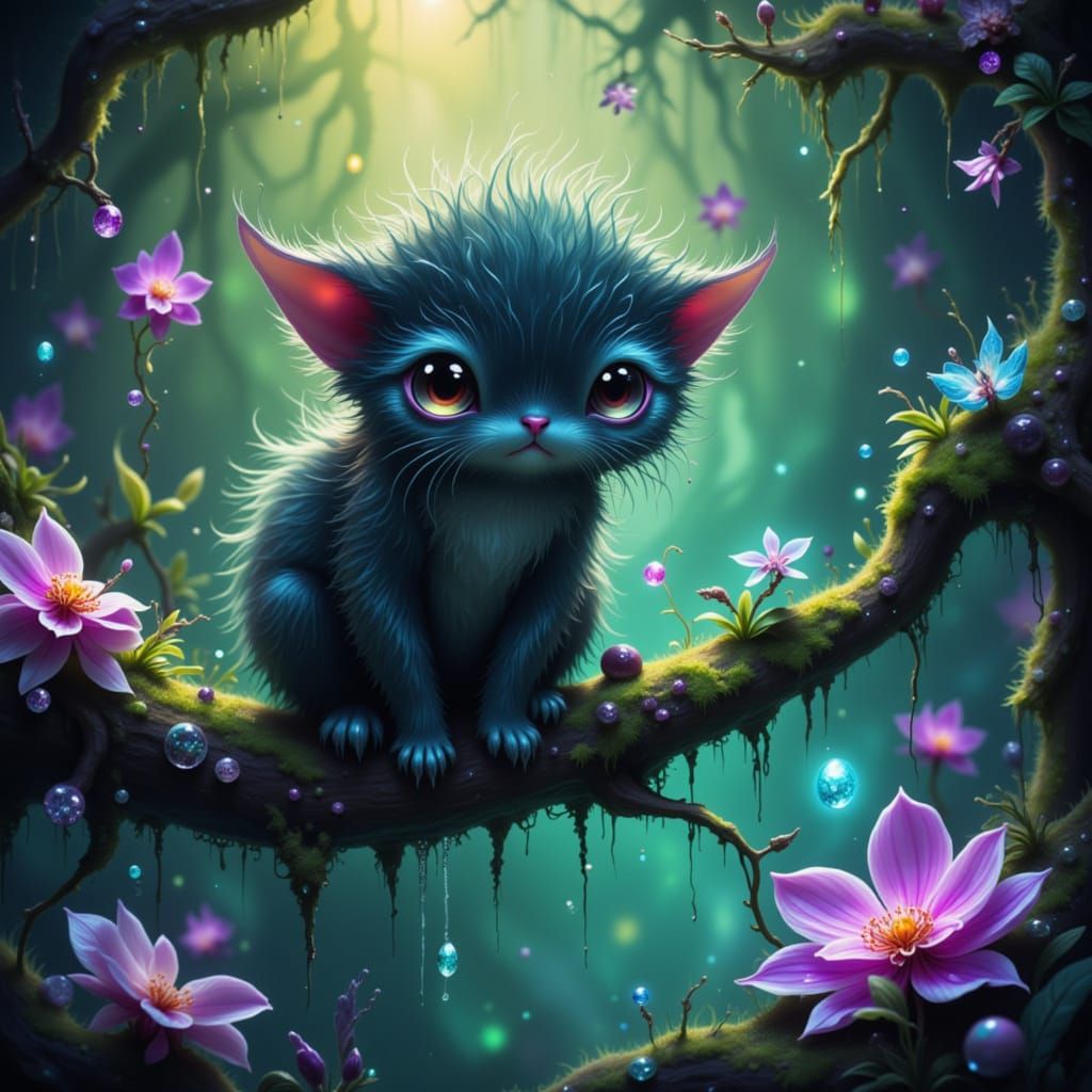 Cute Fluffy Creature on Mossy Branch in Enchanted Forest