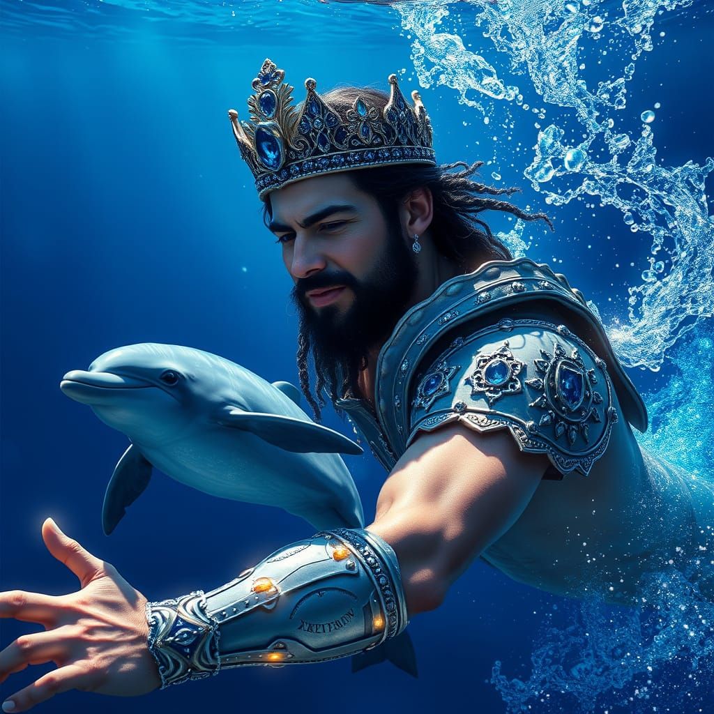Hyperrealistic Man and Dolphin in Oceanic Paradise