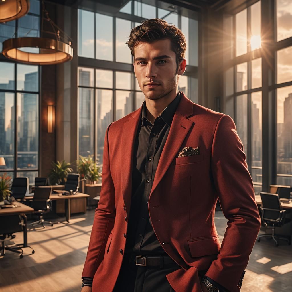 Young Man in Red Blazer, Hyper-Realistic Digital Art