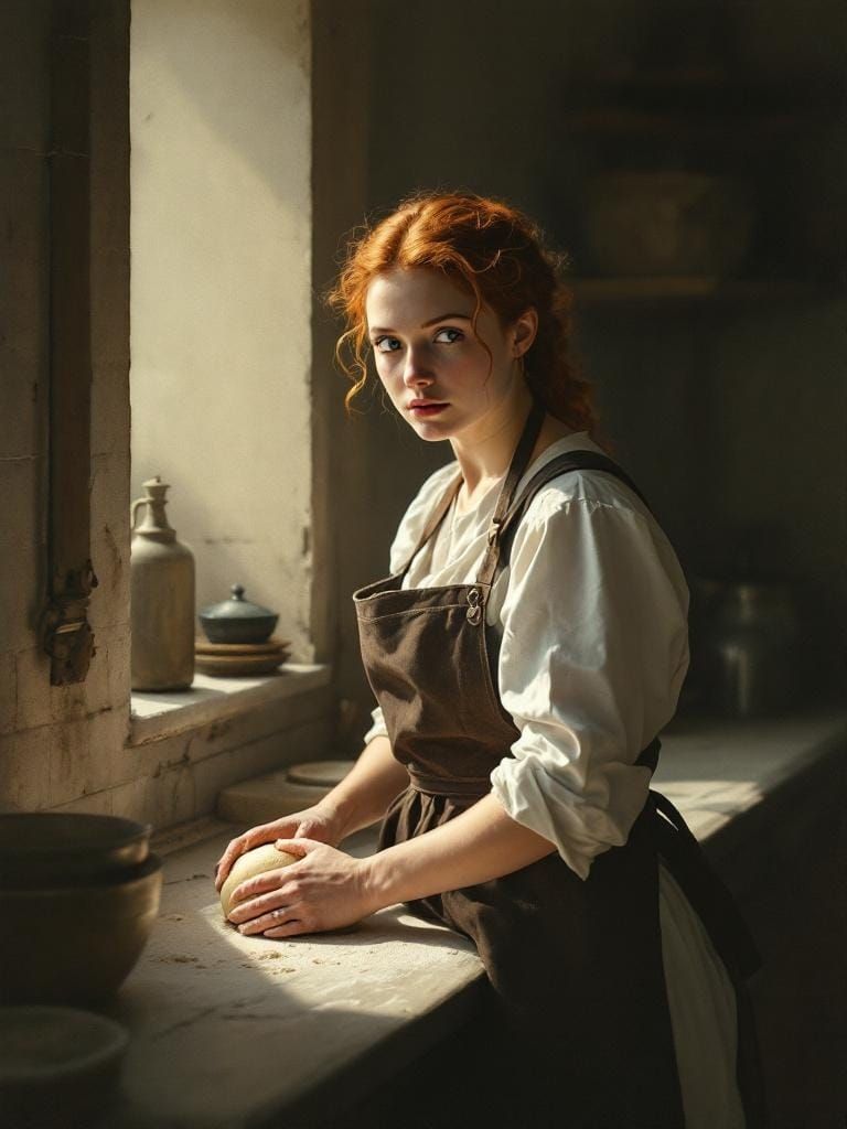 Redhead Baker in Kitchen with Atmospheric Lighting
