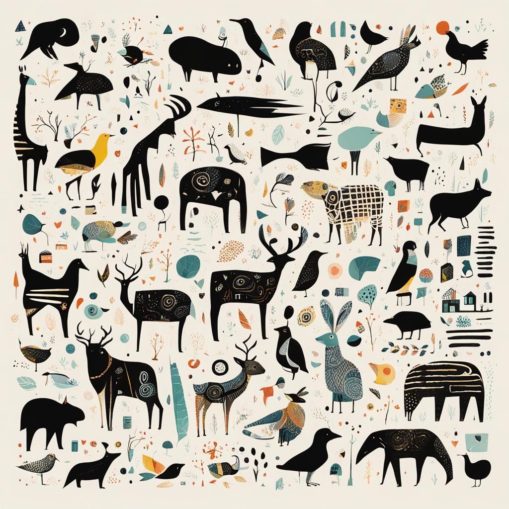 Whimsical Symbolic Animals in Asemic Style