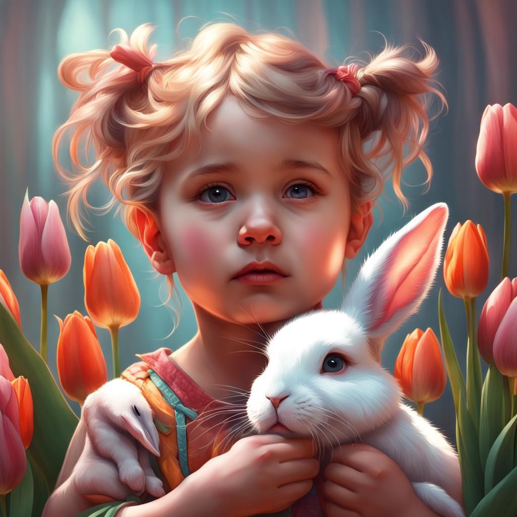 Toddler, Bunny, and Tulips: Hyperdetailed Art Portrait