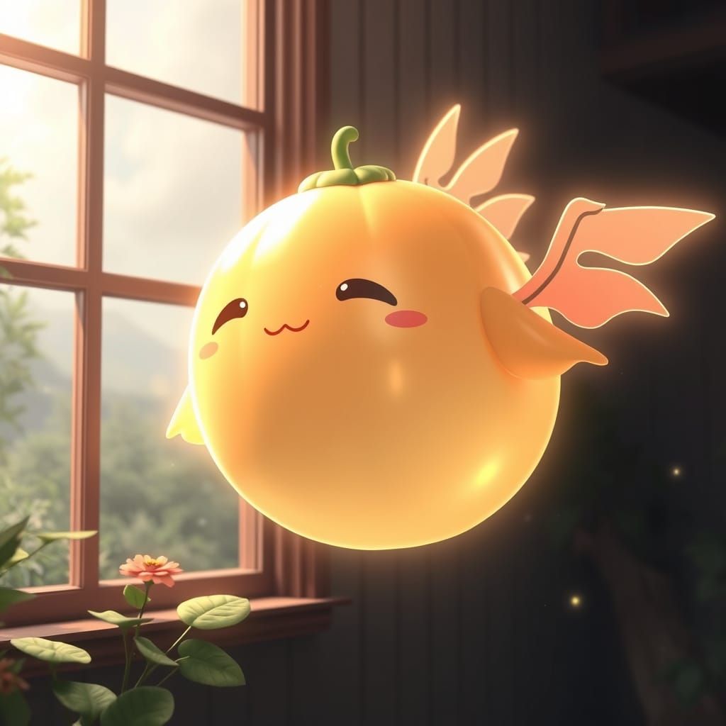 Glowing Fruit-Shaped Creature in Mid-Flight