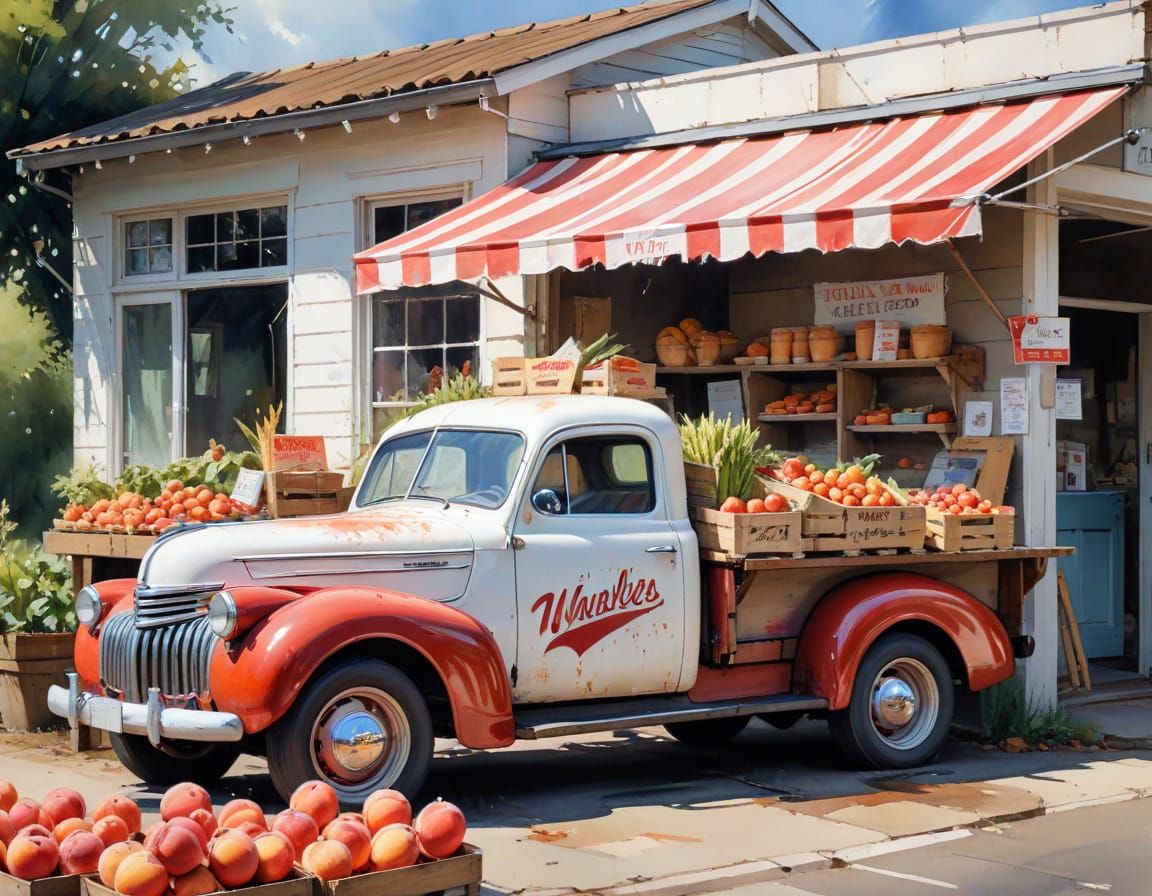 Vintage Farmstand with Peaches and Pies in Pastel Colours