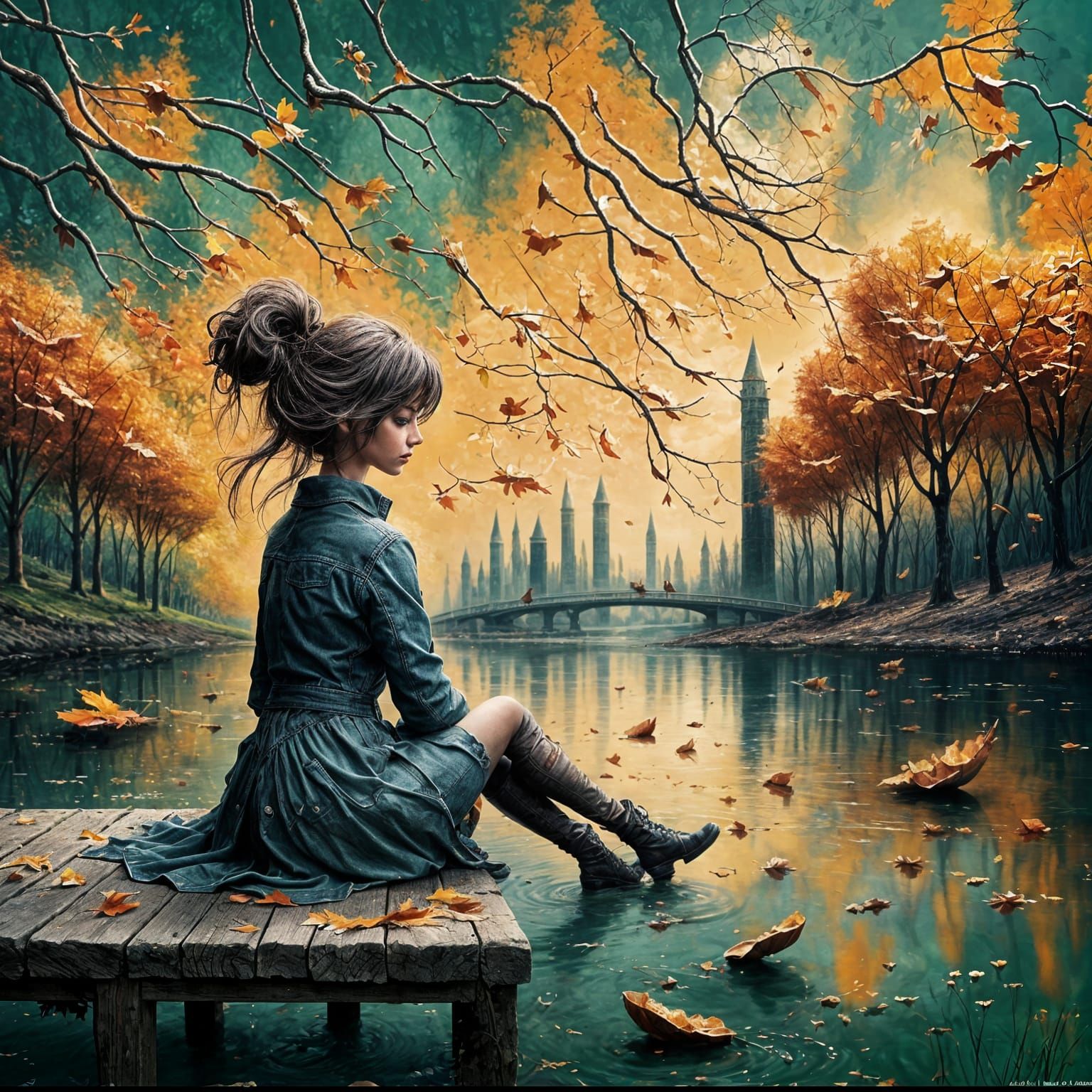 Stunning Woman by Pond at Sunset, Autumn Park