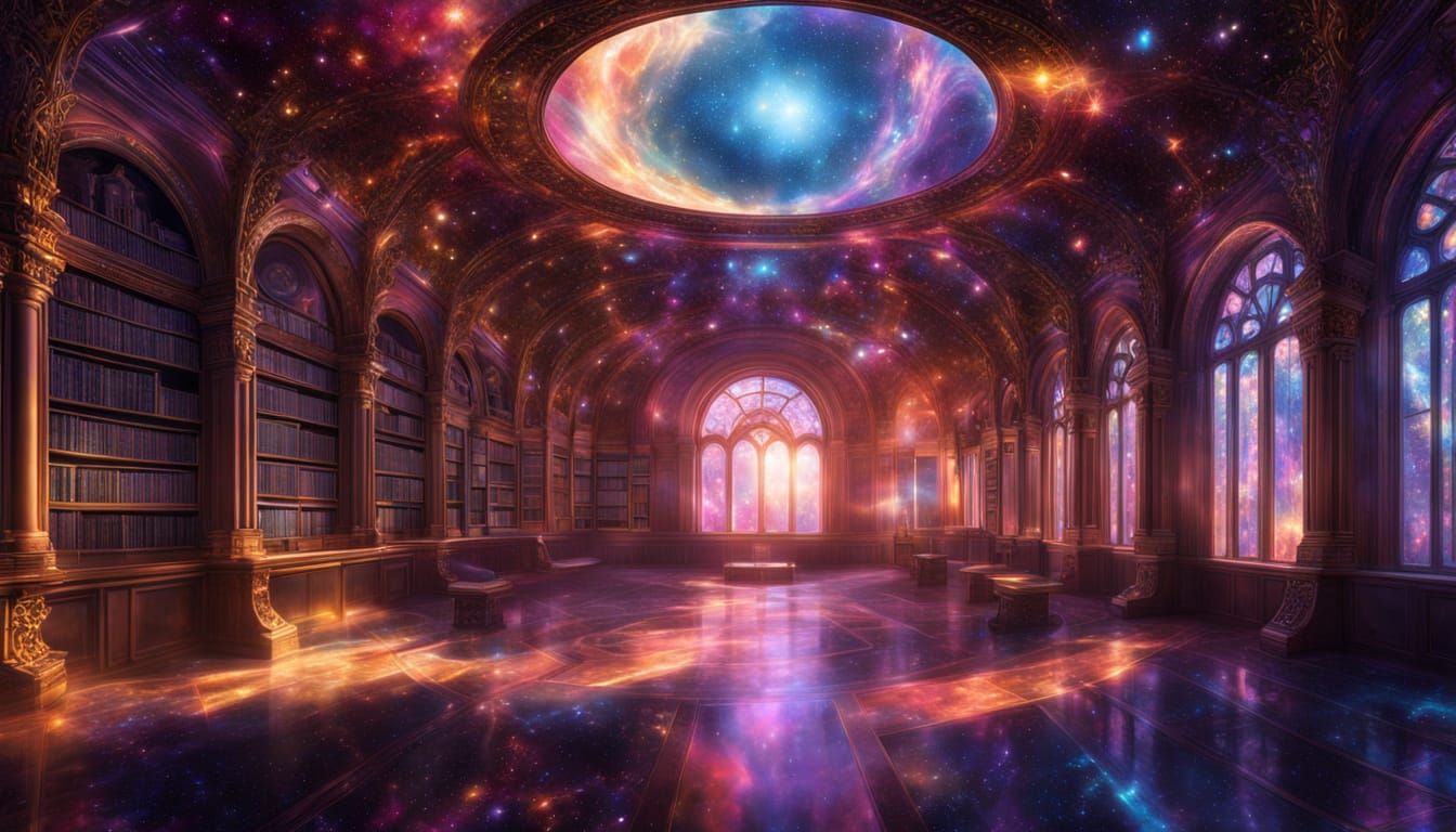 Surreal Cosmic Library in Holographic Astral Style