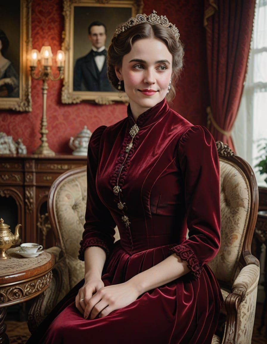 Victorian Lady in Red Velvet Parlor