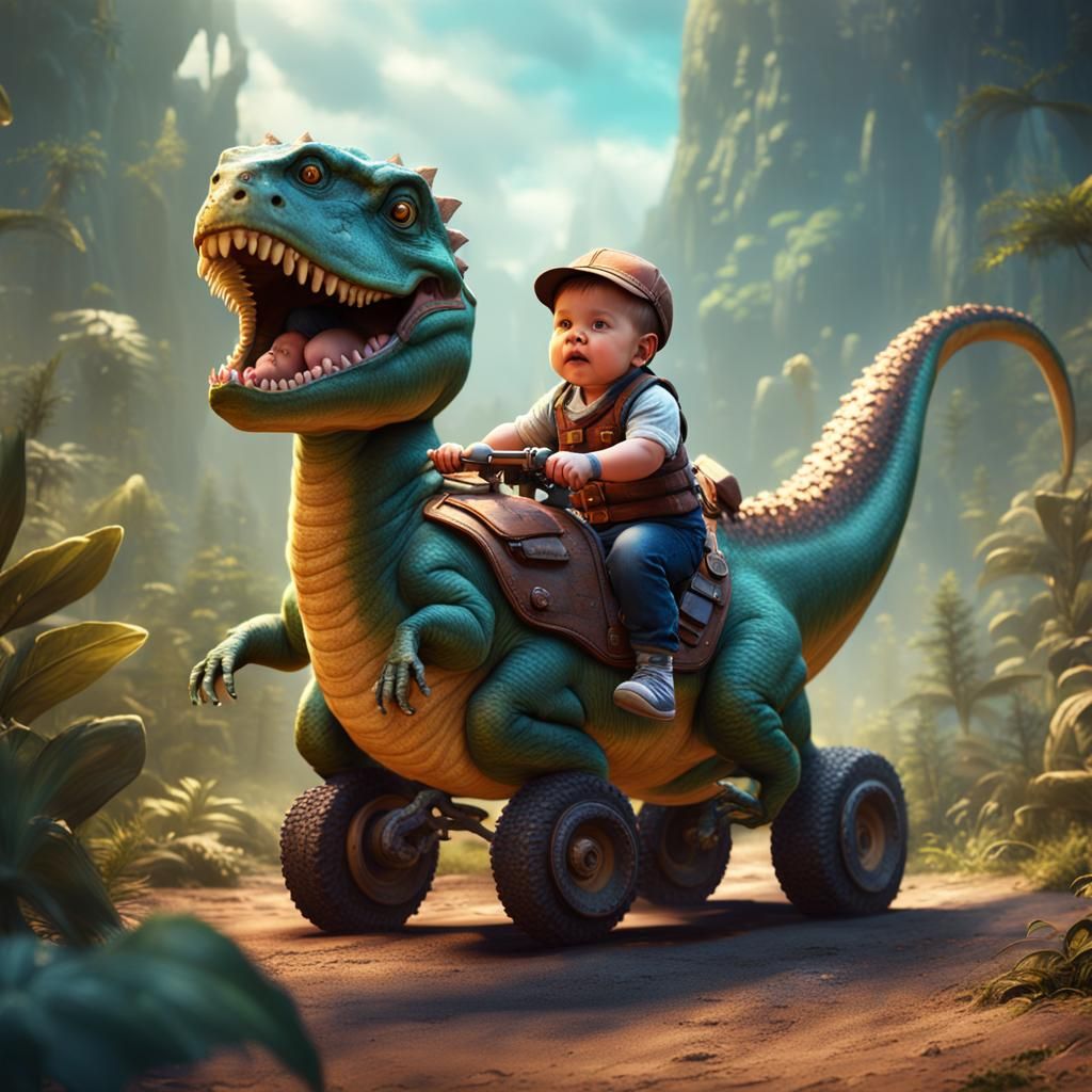 Cute Baby Rides Dinosaur in Matte Painting Style