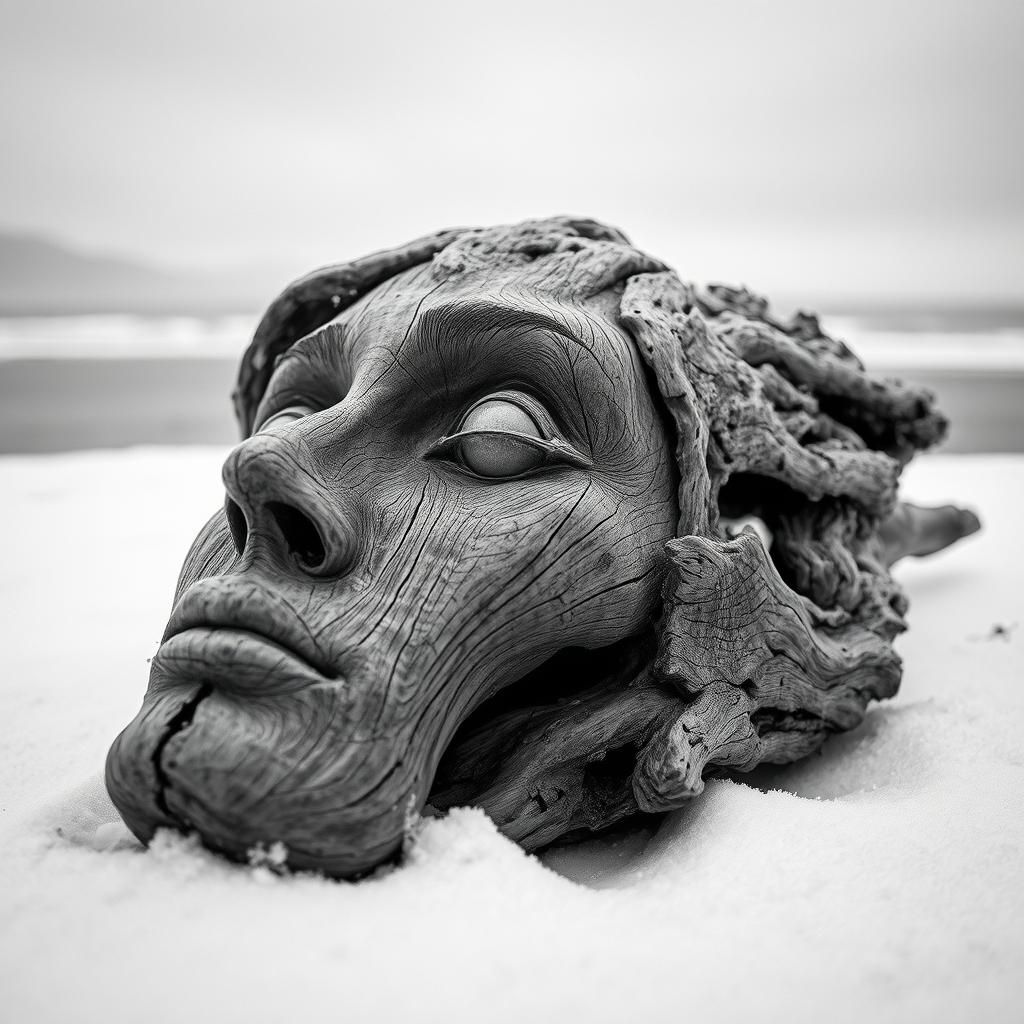Monochrome Driftwood Woman on Winter Beach