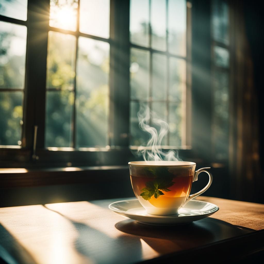 Steaming Tea Cup in Sunlight, Cinematic Still Life