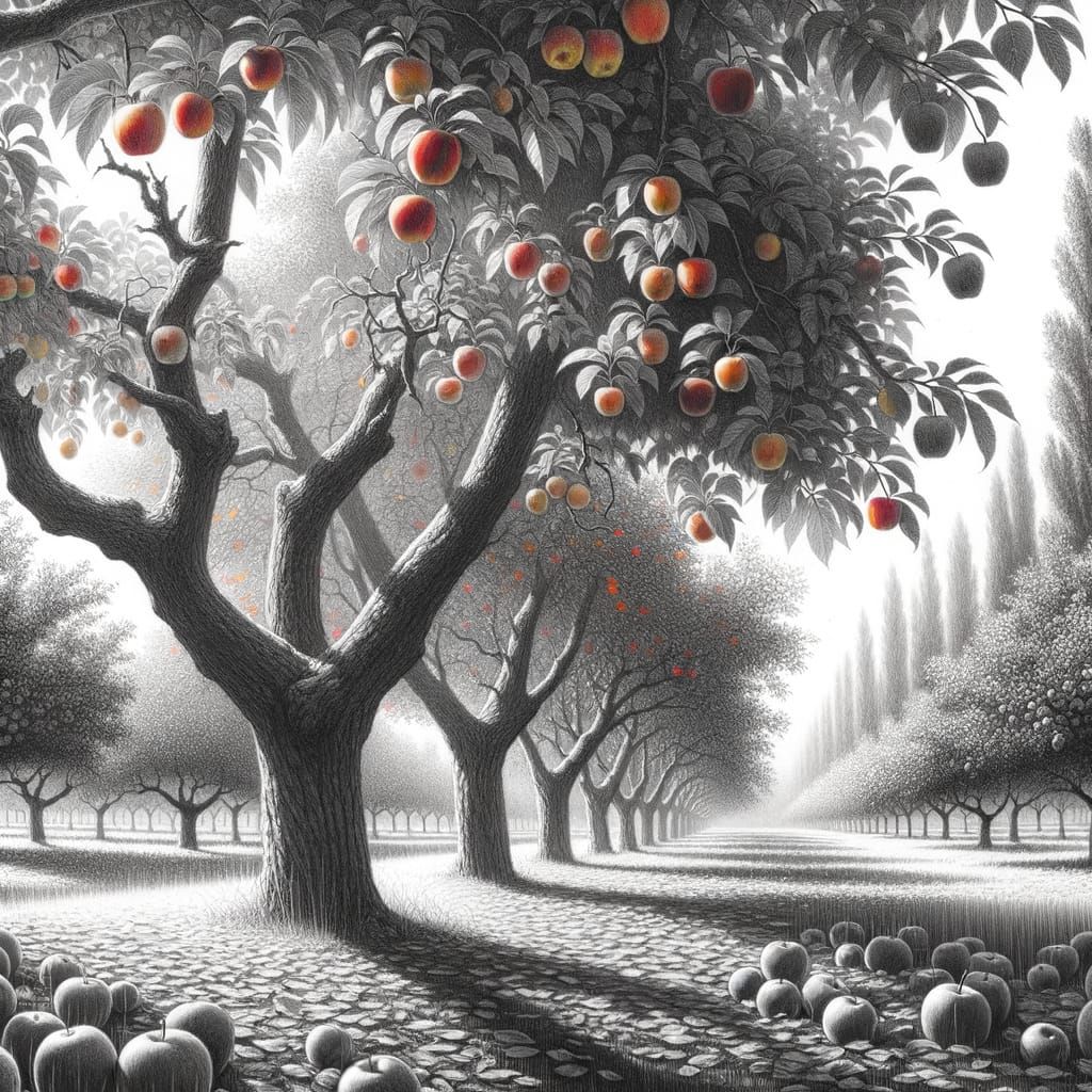 Realistic Monochrome Autumn Orchard Sketch with Vibrant Hues
