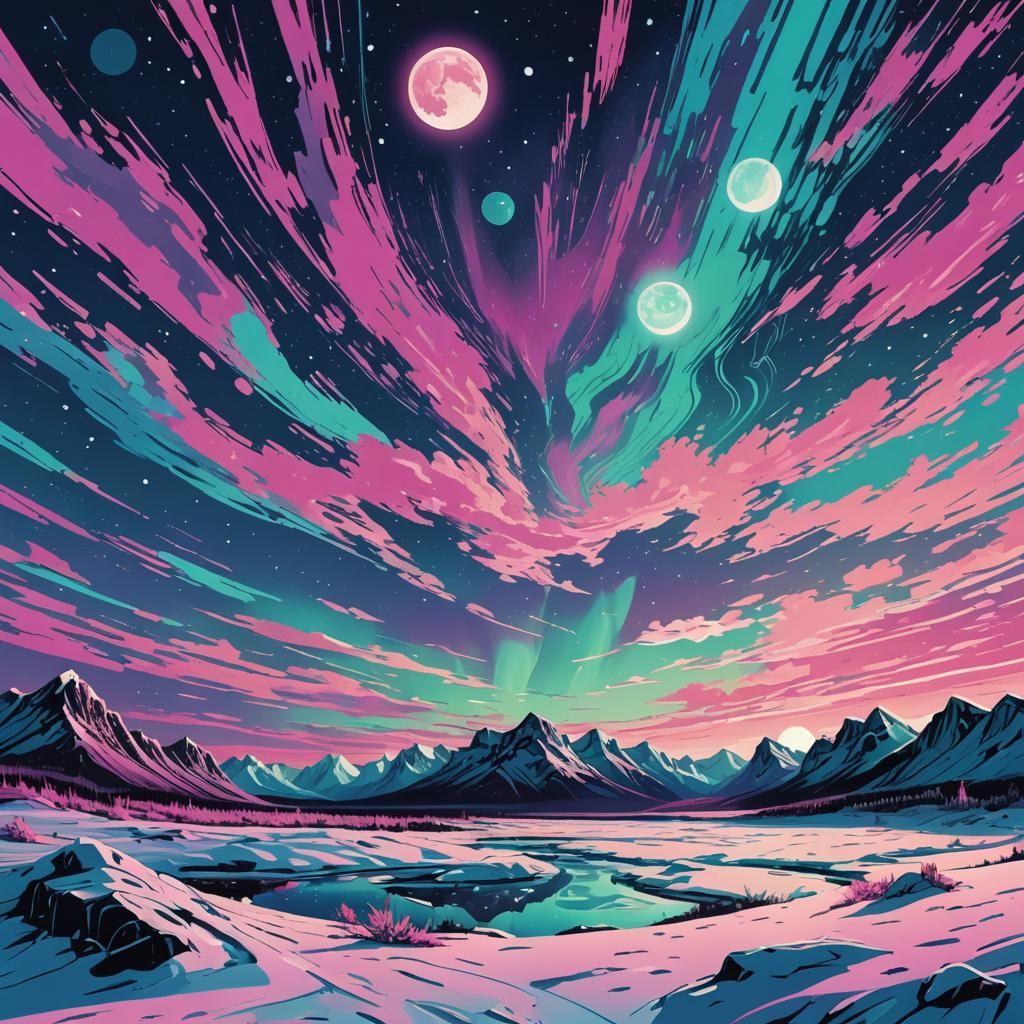 Icy Plain at Night with Northern Lights, Pop Art