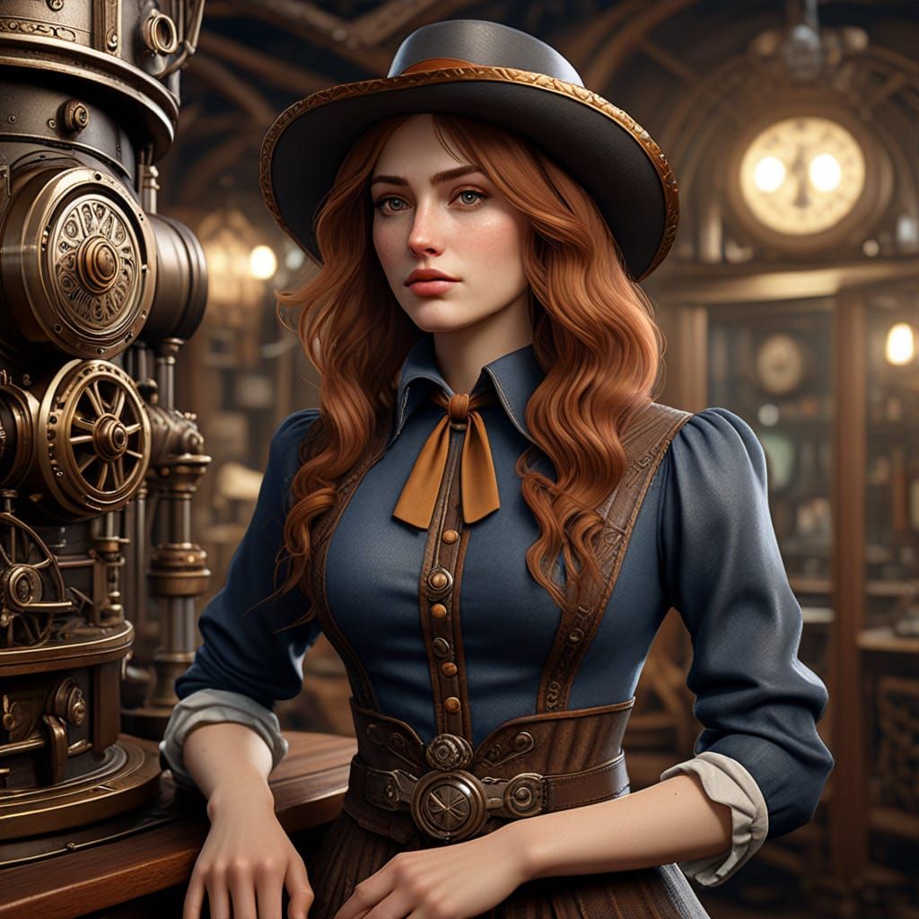 Cowgirl Portrait in Pre-Raphaelite Style Beside Steampunk En...