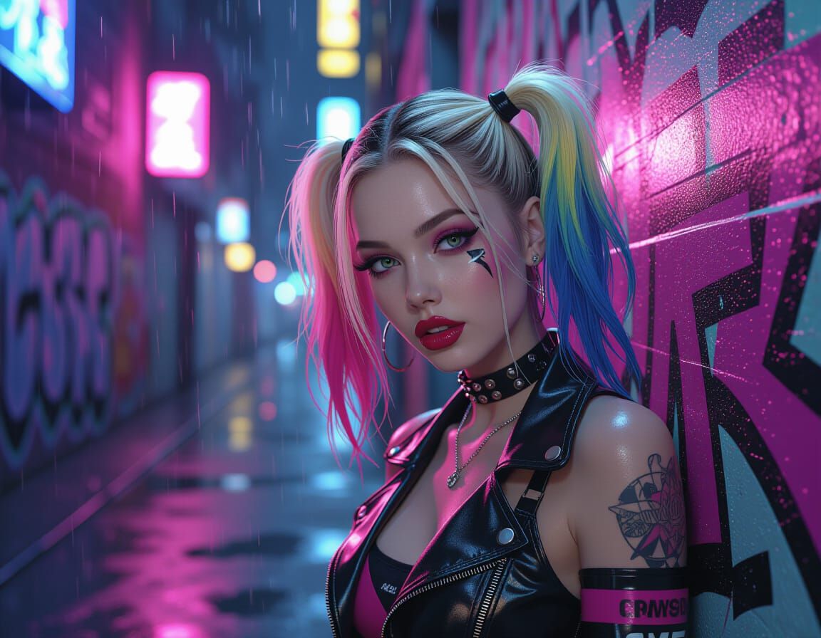 Rainbow-Haired Punk in Neon Alley, Photorealistic Portrait