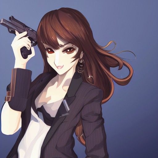 Anime Girl in Black Suit Holding Pistol