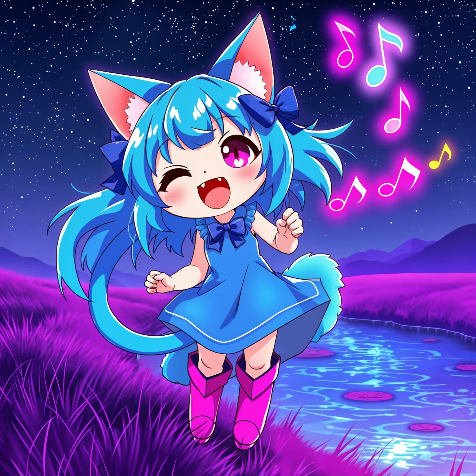 Vibrant Synthwave Catgirl Serenades the Night