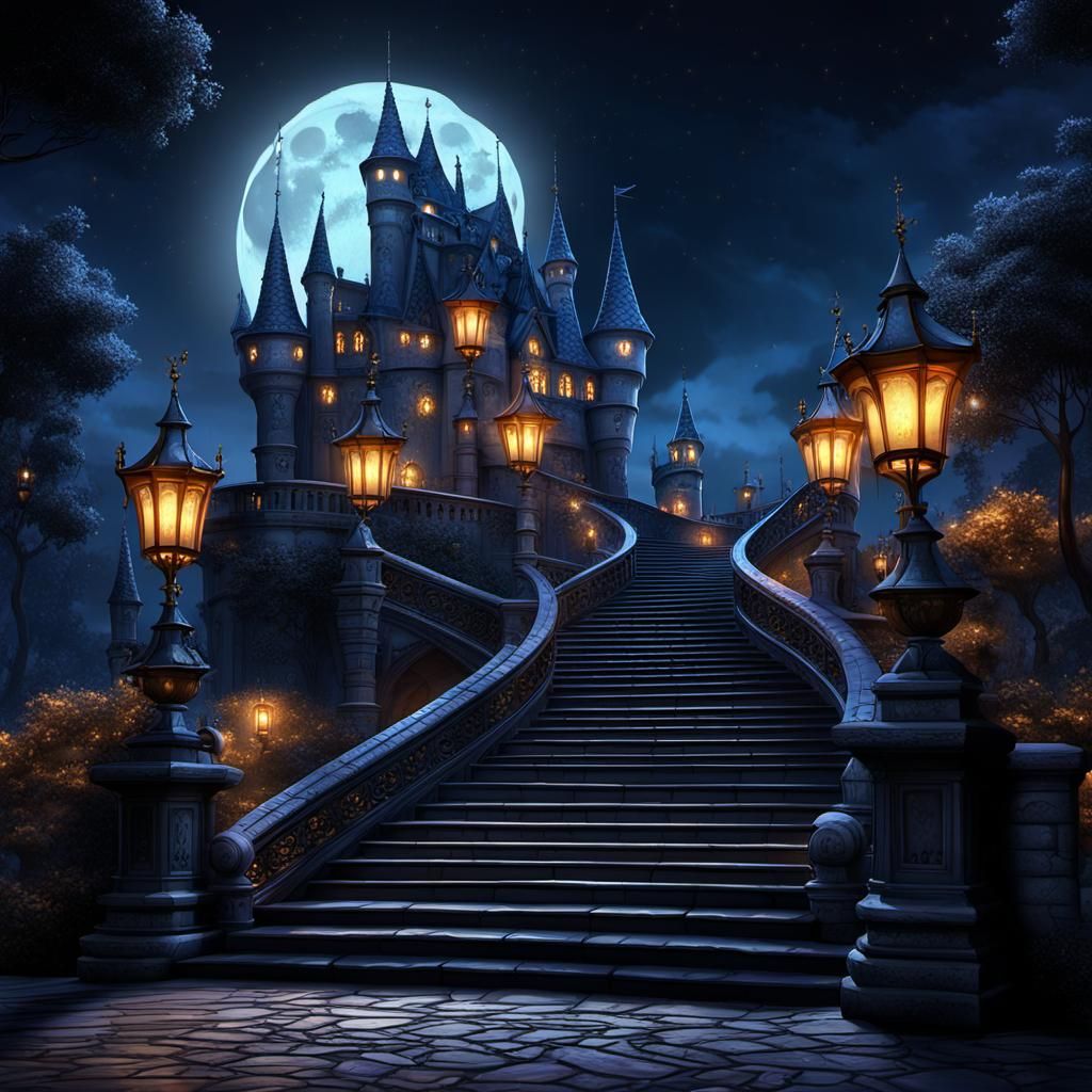 Magical Castle Staircase in Moonlight: 3D Digital Art