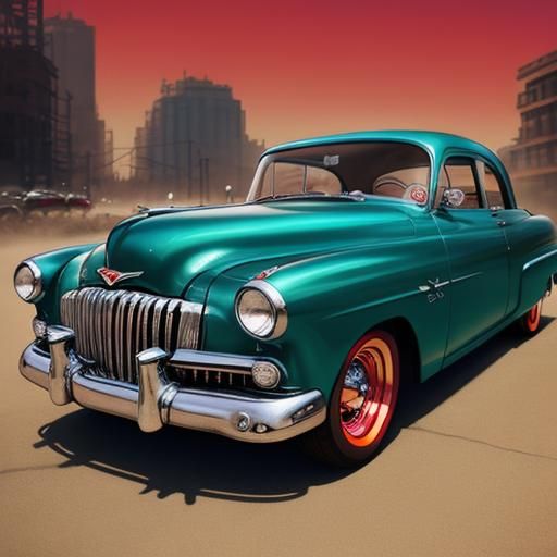 1950s Pin-Up Girl on Hot Rod, Hyperrealistic Art