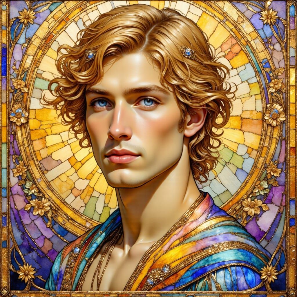 Art Nouveau Man with Blue Eyes in Rainbow Silk