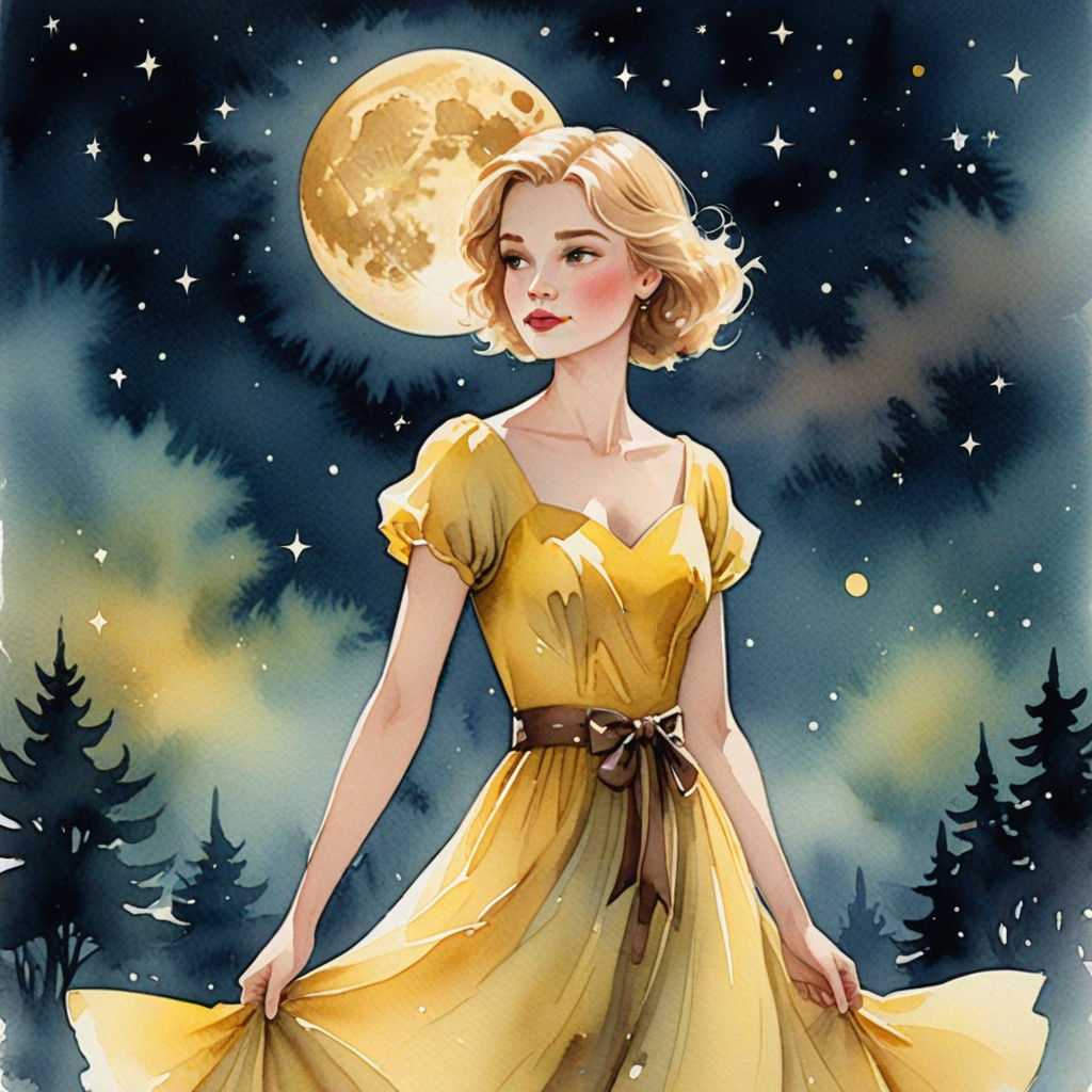 Whimsical Woman Under the Moonlit Glow in Dreamy Watercolor