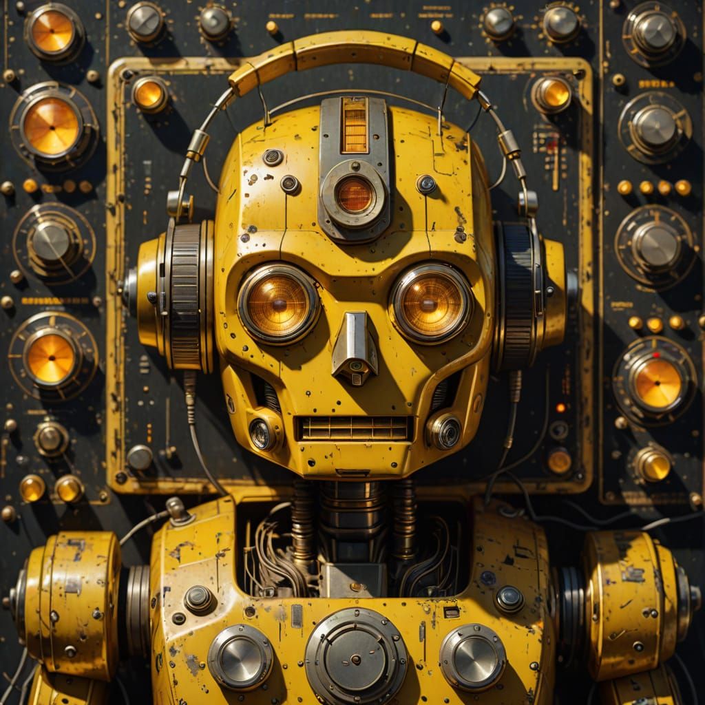 Retro Futuristic Robot Listens to Vintage Radio