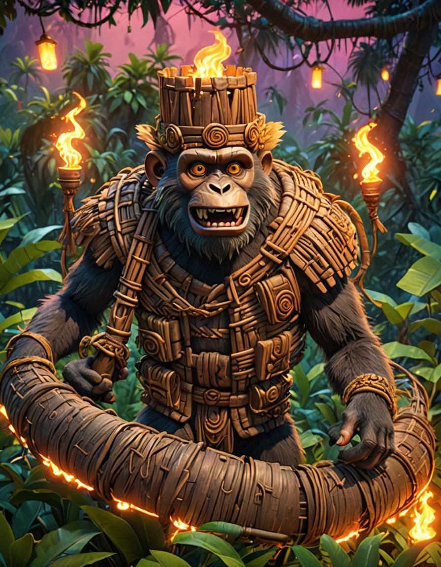 Monkey Tiki Monster in Jungle, 3D Digital Art