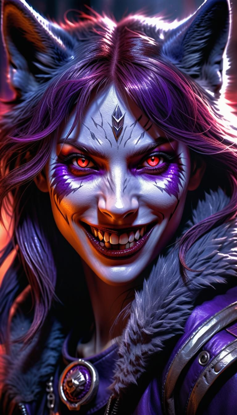Purple Wolf Girl with Predatory Smile: Realistic Art