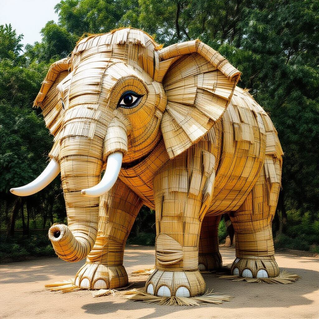 Elephant Sculpture Made from Rice Straw Waste