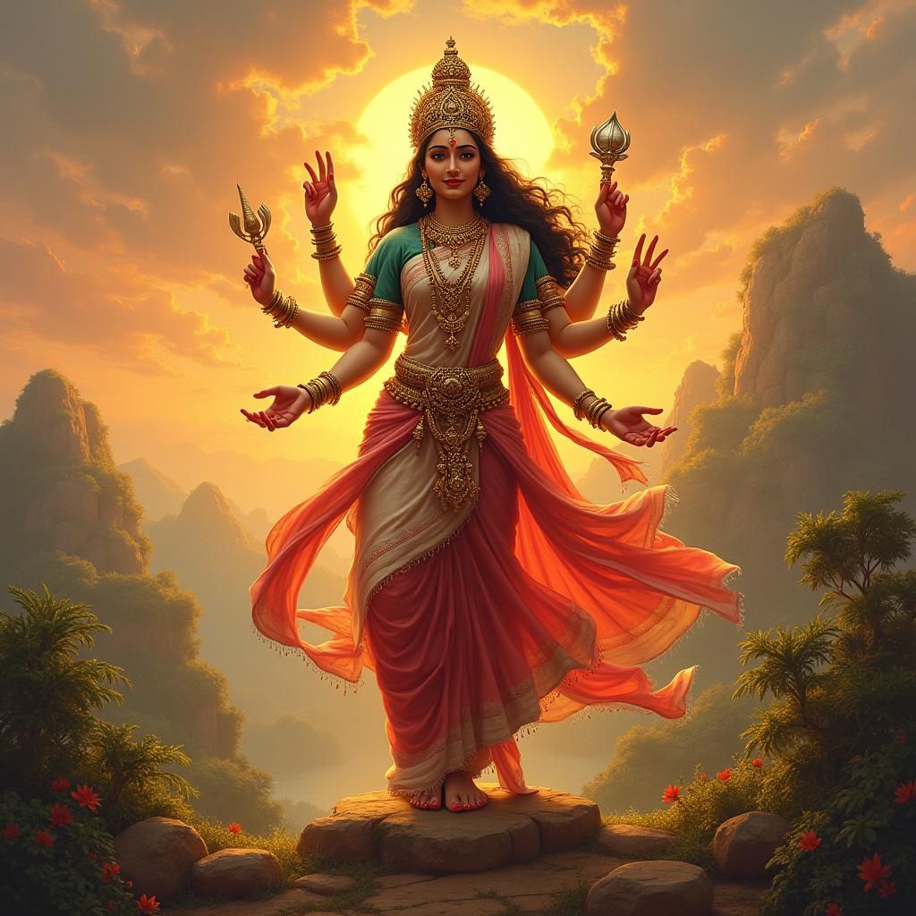 Goddess Durga in Red Saree, Golden Light