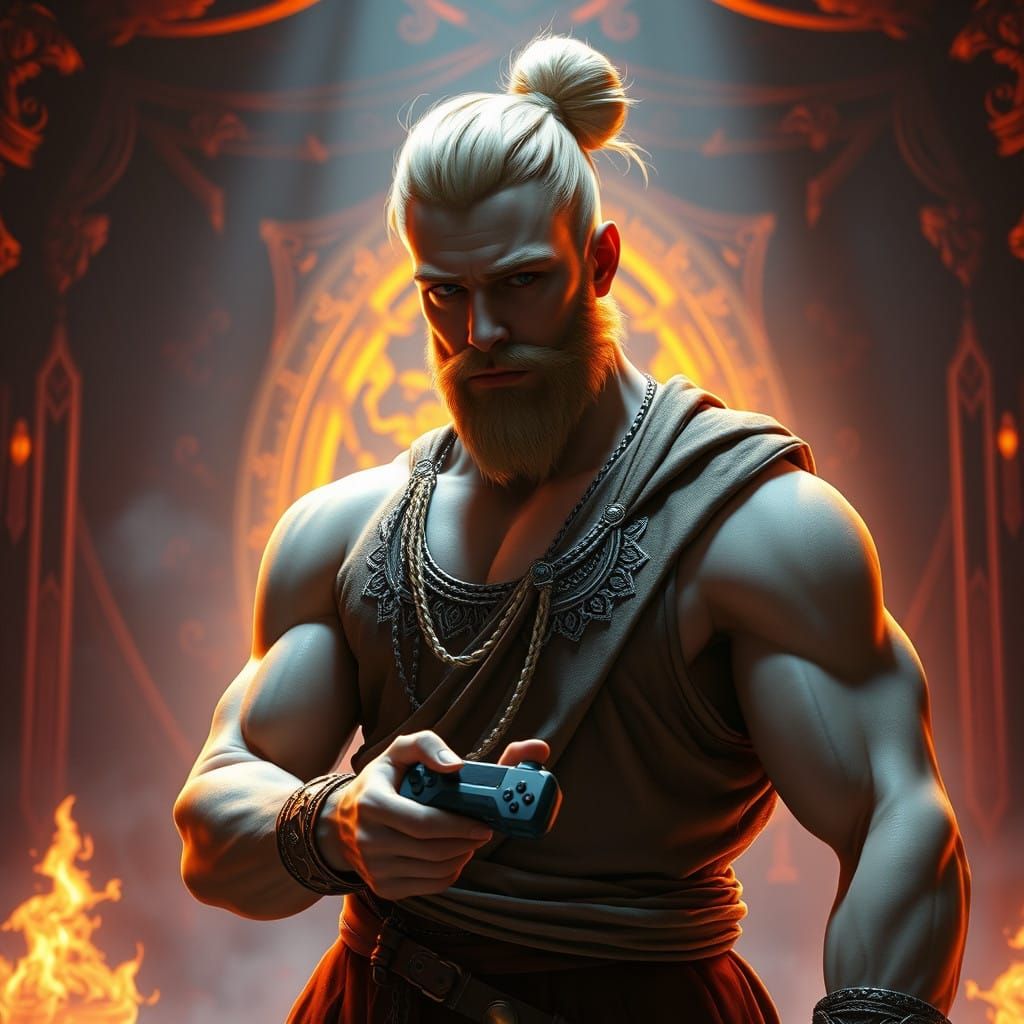 Heroic Gamer in Mystical Game Room with Futuristic Controlle...