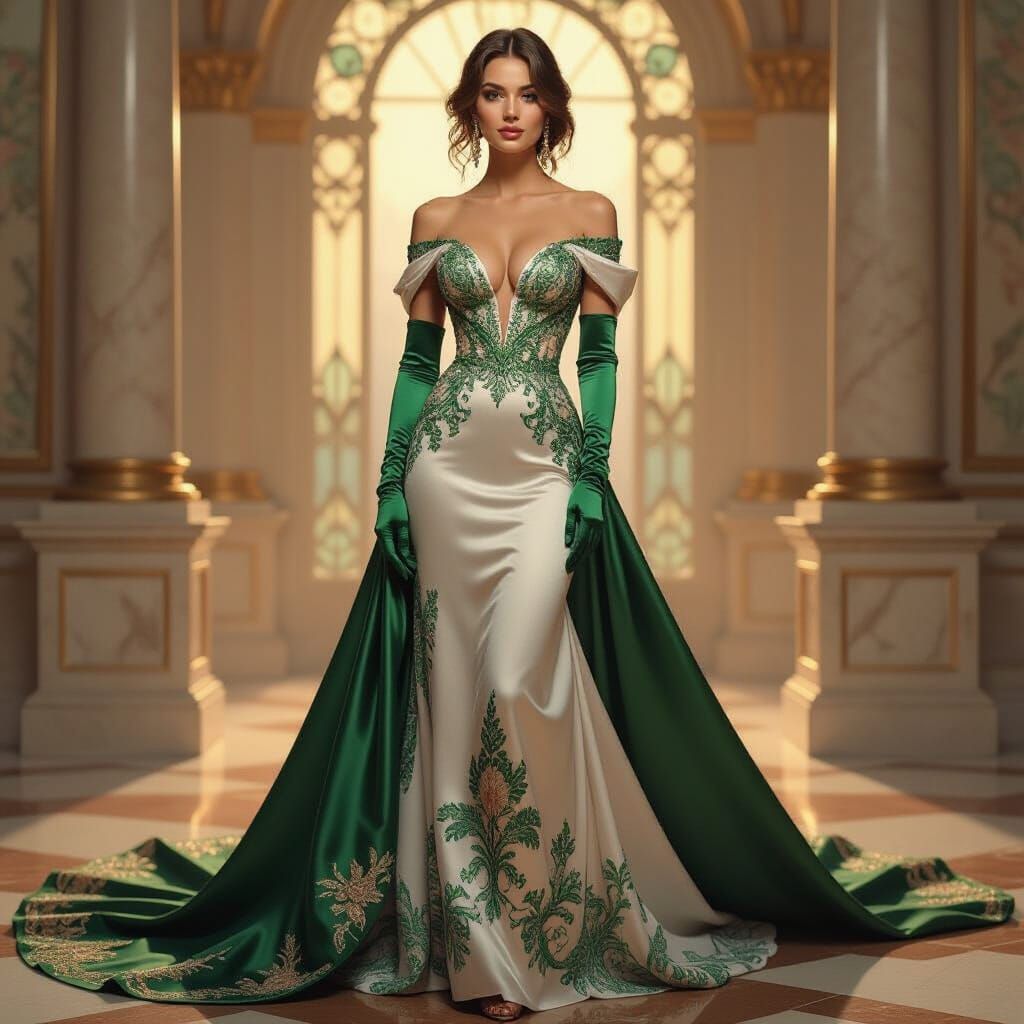 Elegant Woman in Gown with Art Nouveau Flair