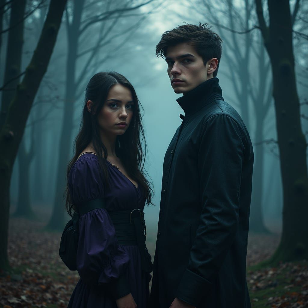 Mysterious Couple in Twilight Forest, in Moody Cyberpunk Sty...