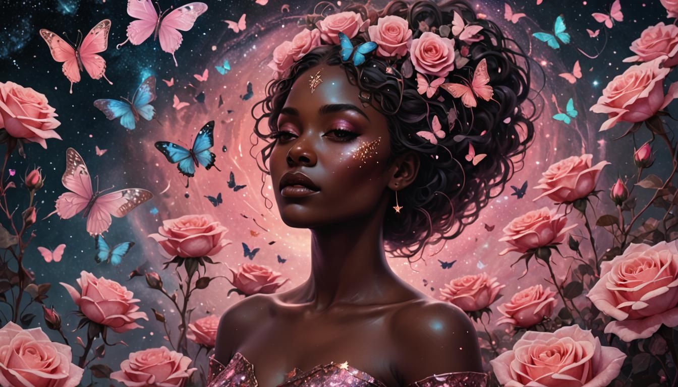 Woman with Roses and Butterflies in Cosmic Fantasy Art