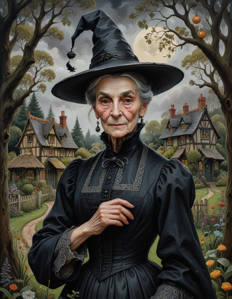 Regal Witch in Victorian Dress Before Tudor Cottage