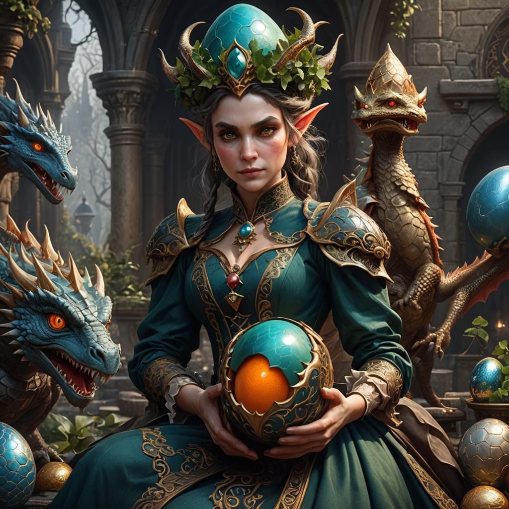Victorian Elf with Dragon Egg, Detailed Matte Painting