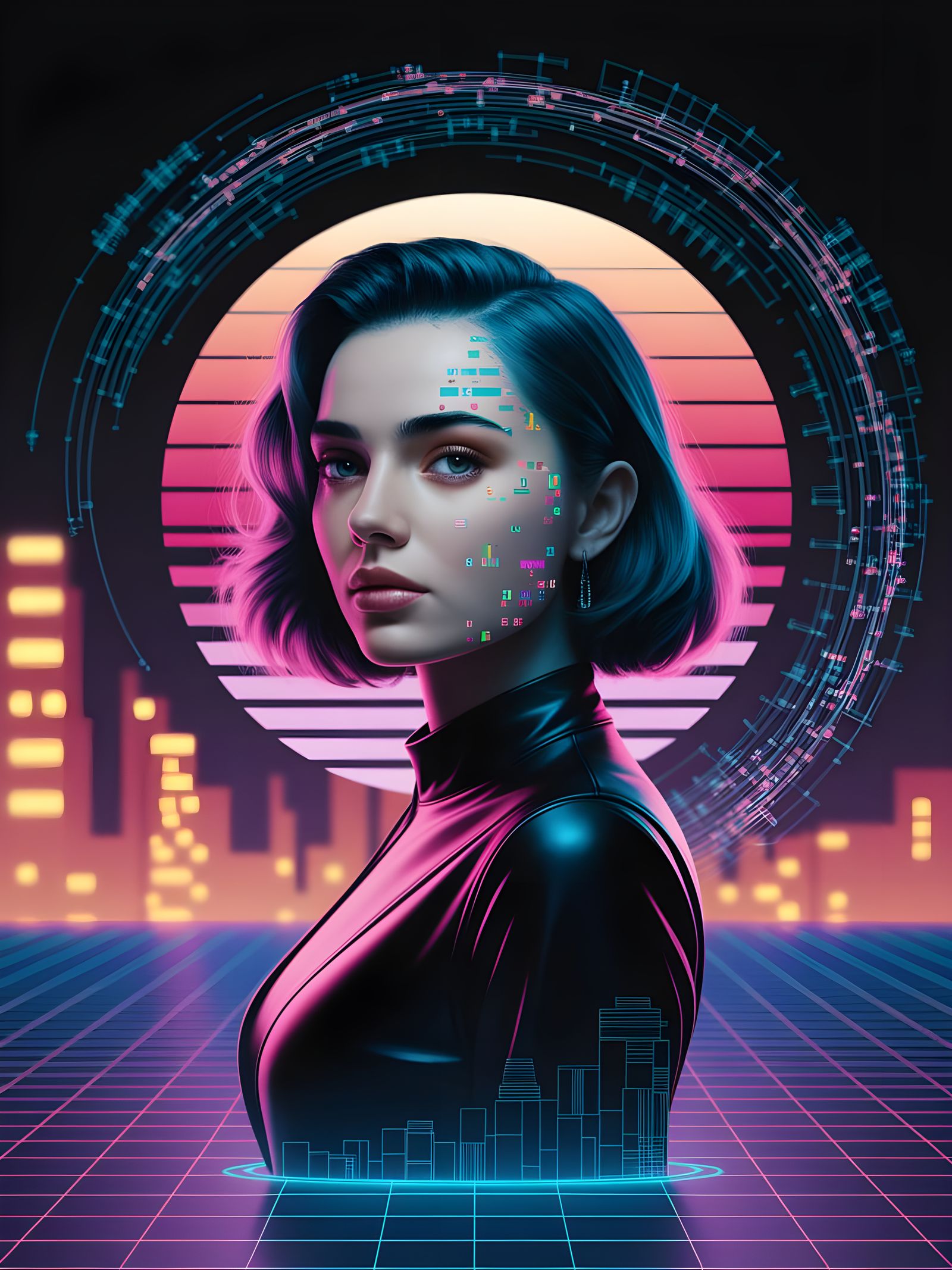 Glitched Woman Portrait in Neon Synthwave Style